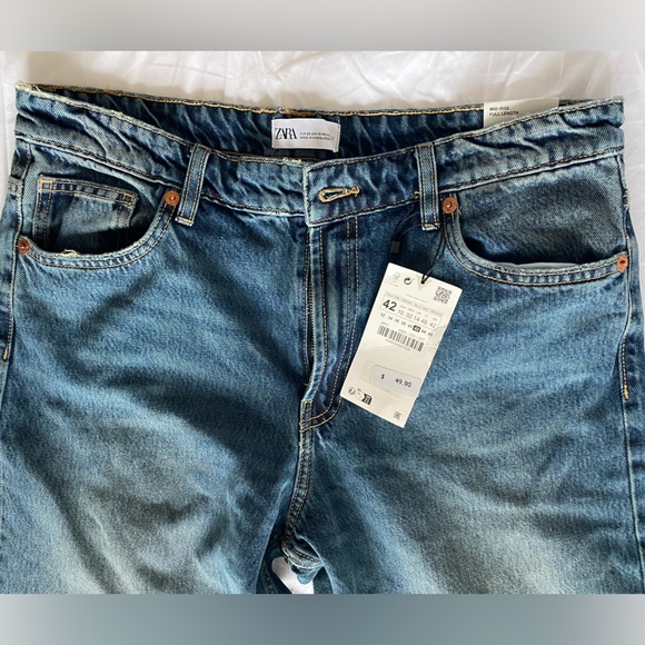 Zara Mid Rise TRE Loose Fit Long straight leg Jeans Blue size 32 US 10 NWT - Picture 14 of 16